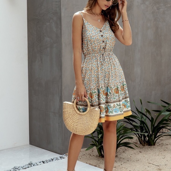 Boho Hippie Gypsy Floral Midi Dress - Picture 2 of 8